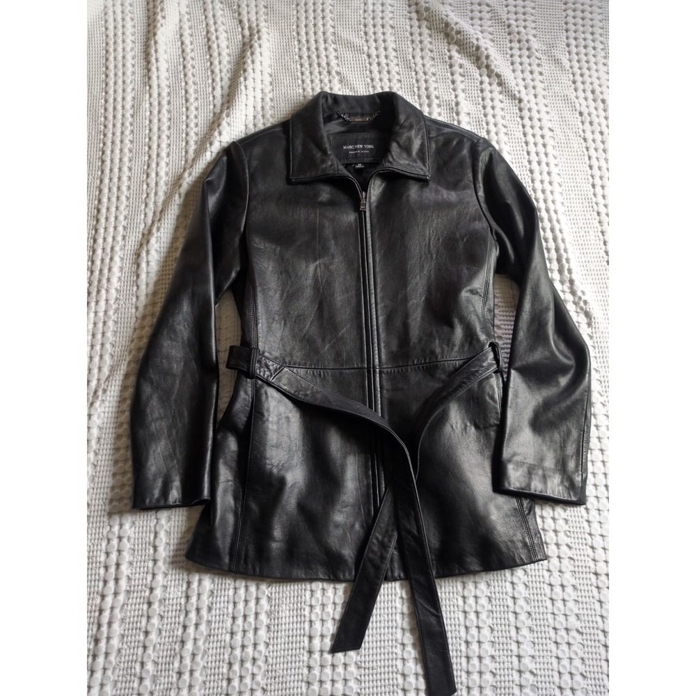 Marc New York Leather Trench Coat Belted Full Zip Soft Buttery Sz Medium Black